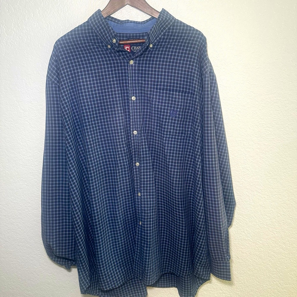 Chaps Men's 3XLT Big & Tall Blue Check Easy Care Pocket Button-Down Shirt